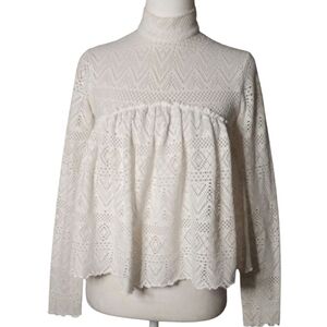 Free People Beach White All Over Open Knit Long Sleeve Babydoll Style Top XS